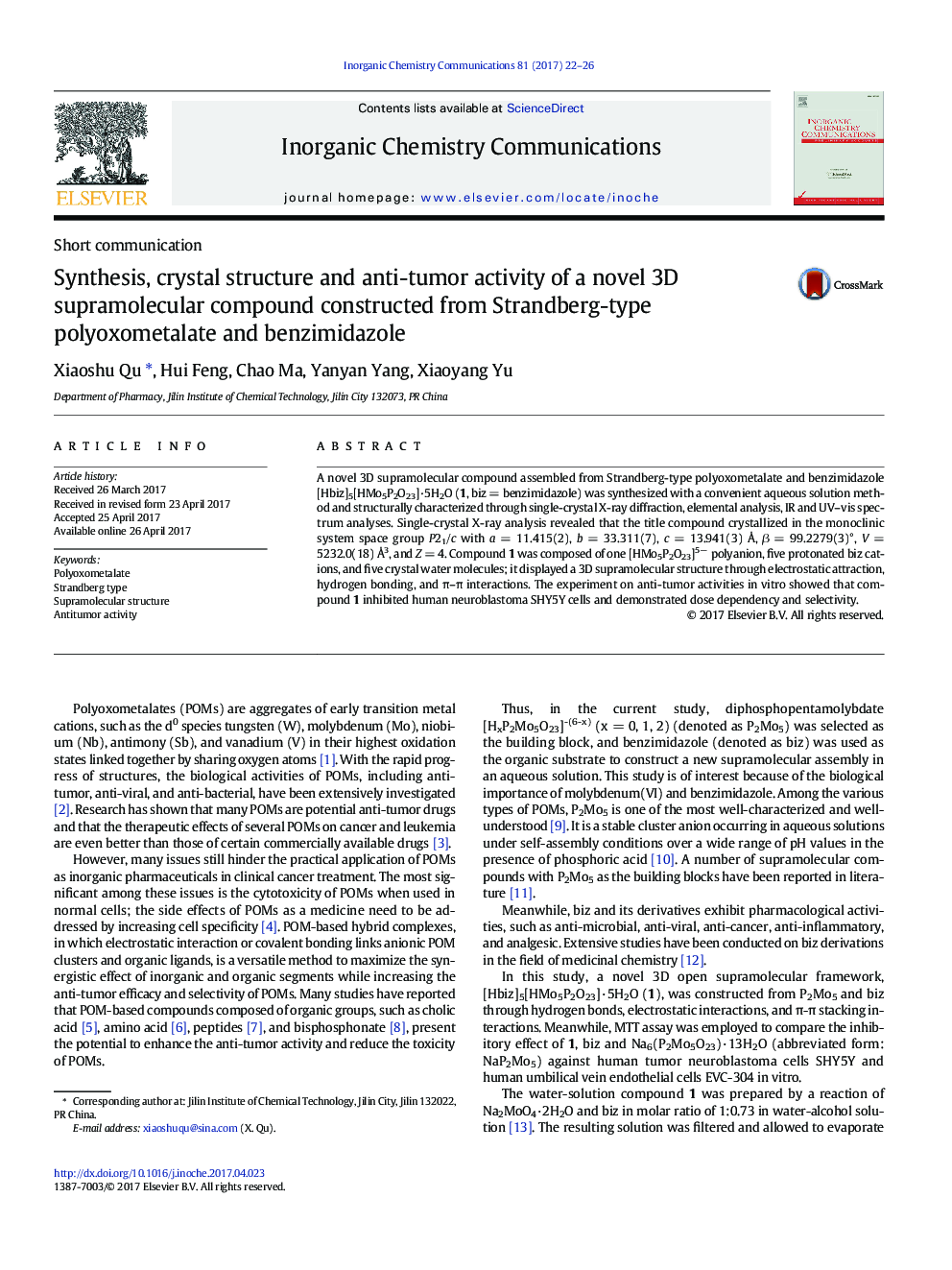 Synthesis, crystal structure and anti-tumor activity of a novel 3D supramolecular compound constructed from Strandberg-type polyoxometalate and benzimidazole