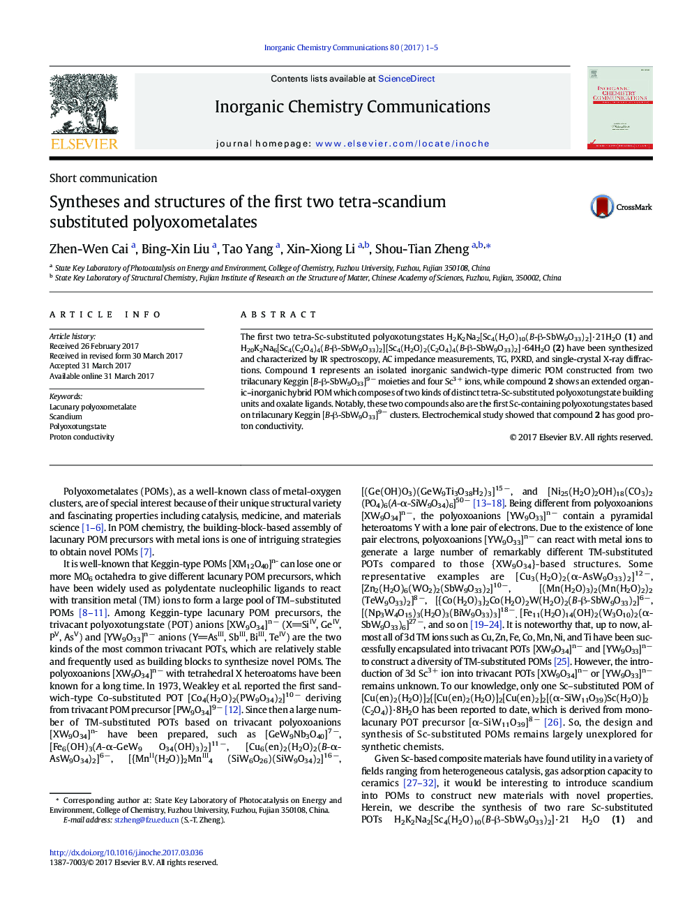 Syntheses and structures of the first two tetra-scandium substituted polyoxometalates