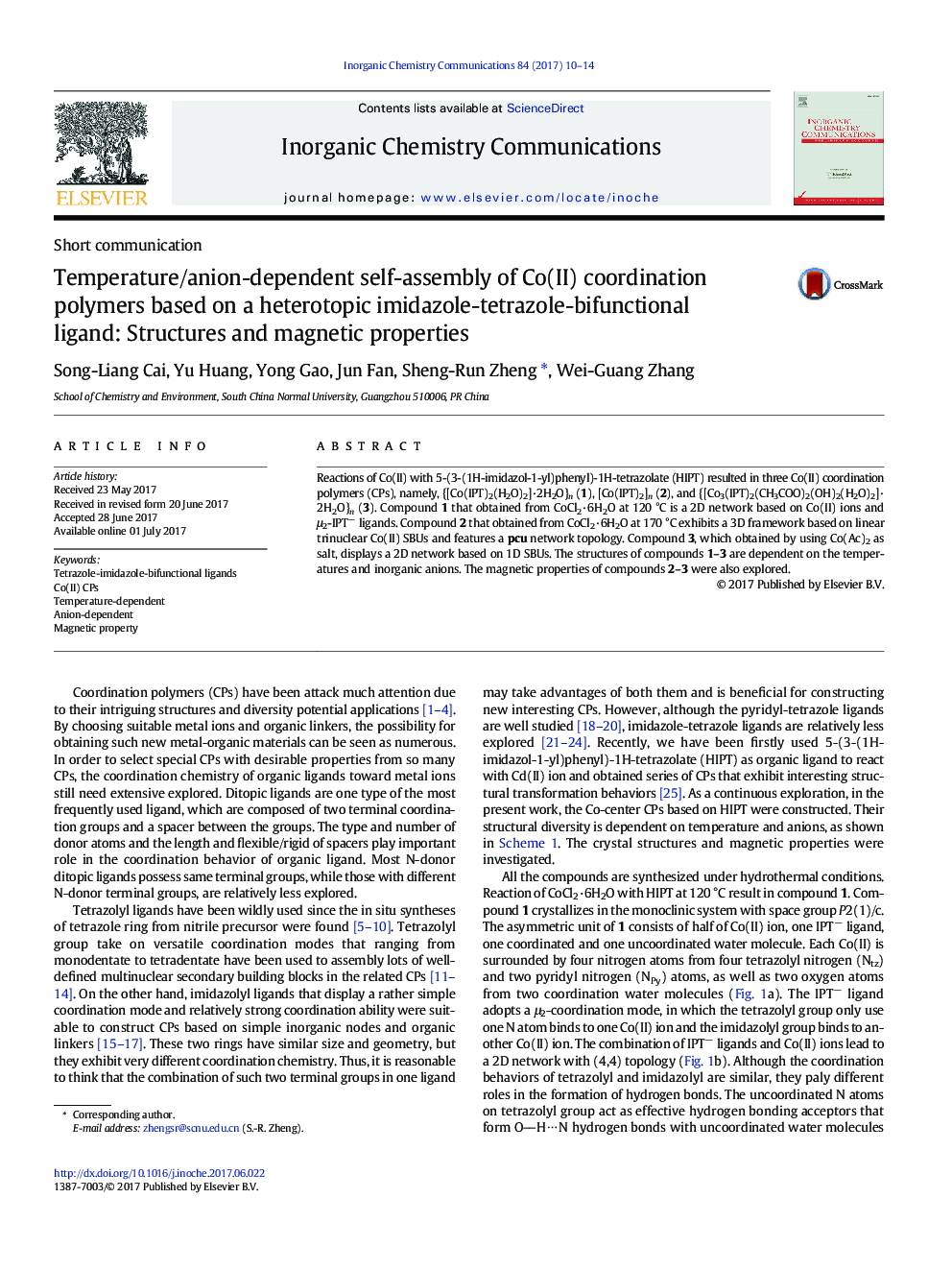 Temperature/anion-dependent self-assembly of Co(II) coordination polymers based on a heterotopic imidazole-tetrazole-bifunctional ligand: Structures and magnetic properties