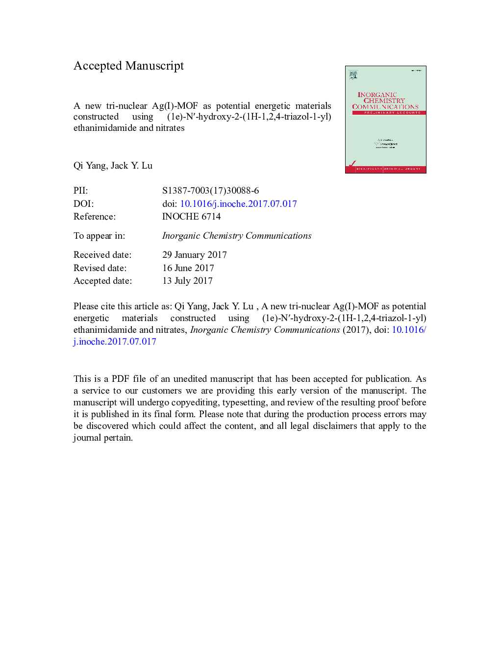 A new tri-nuclear Ag(I)-MOF as potential energetic materials constructed using (1e)-Nâ²-hydroxy-2-(1H-1,2,4-triazol-1-yl) ethanimidamide and nitrates