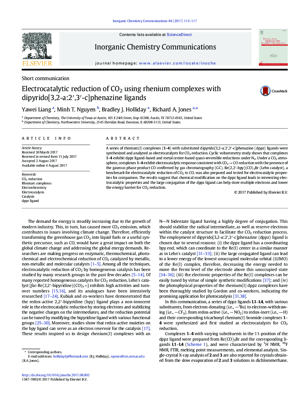 Electrocatalytic reduction of CO2 using rhenium complexes with dipyrido[3,2-a:2â²,3â²-c]phenazine ligands