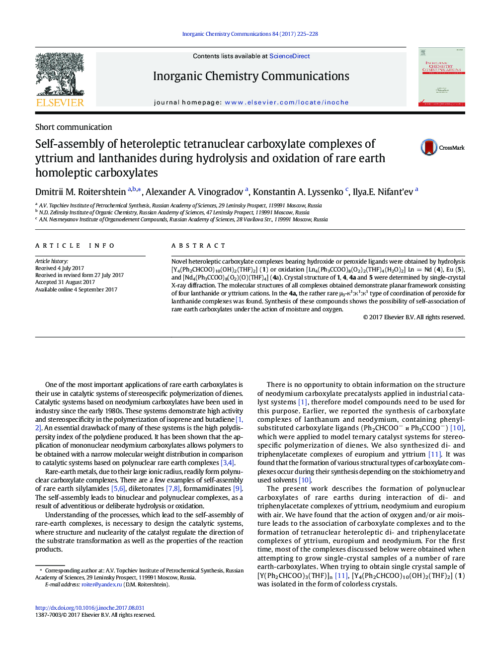 Self-assembly of heteroleptic tetranuclear carboxylate complexes of yttrium and lanthanides during hydrolysis and oxidation of rare earth homoleptic carboxylates