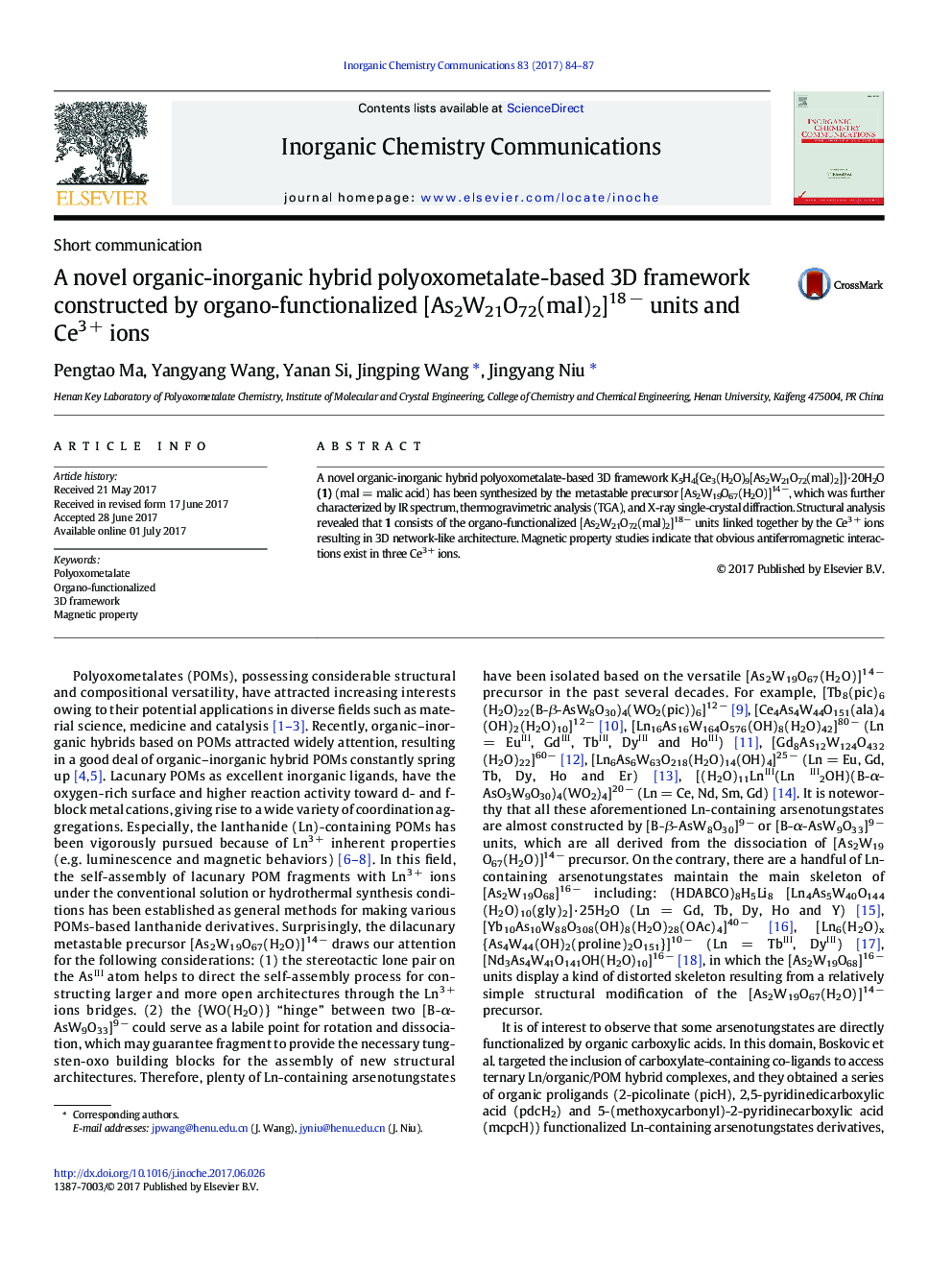 A novel organic-inorganic hybrid polyoxometalate-based 3D framework constructed by organo-functionalized [As2W21O72(mal)2]18Â â units and Ce3Â + ions