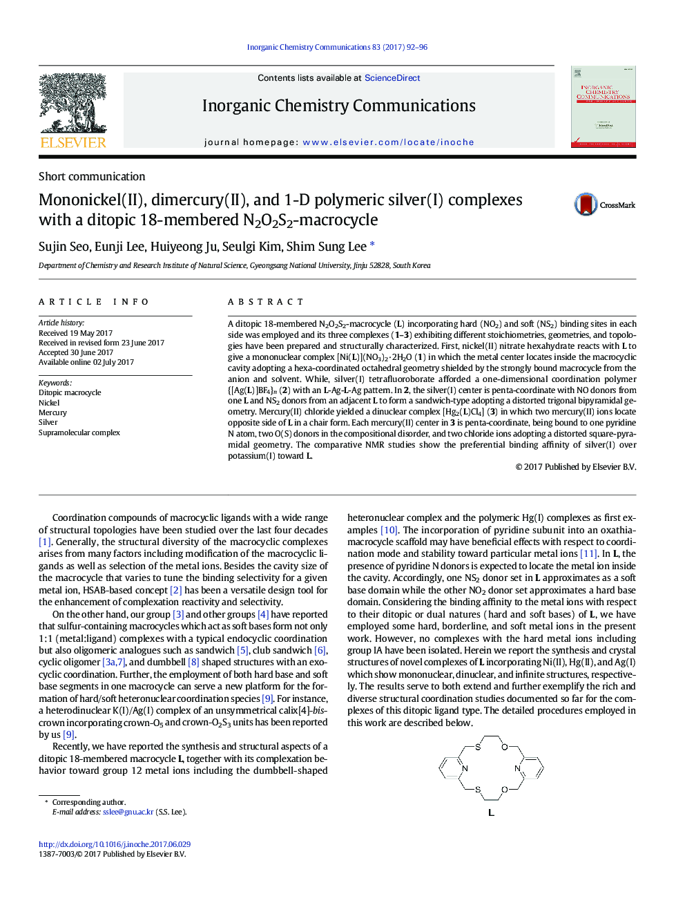 Mononickel(II), dimercury(II), and 1-D polymeric silver(I) complexes with a ditopic 18-membered N2O2S2-macrocycle