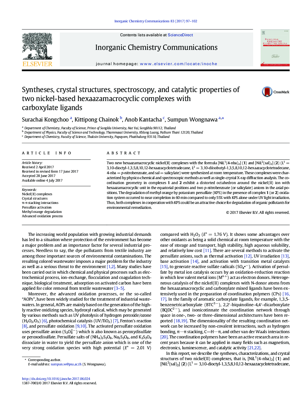 Syntheses, crystal structures, spectroscopy, and catalytic properties of two nickel-based hexaazamacrocyclic complexes with carboxylate ligands