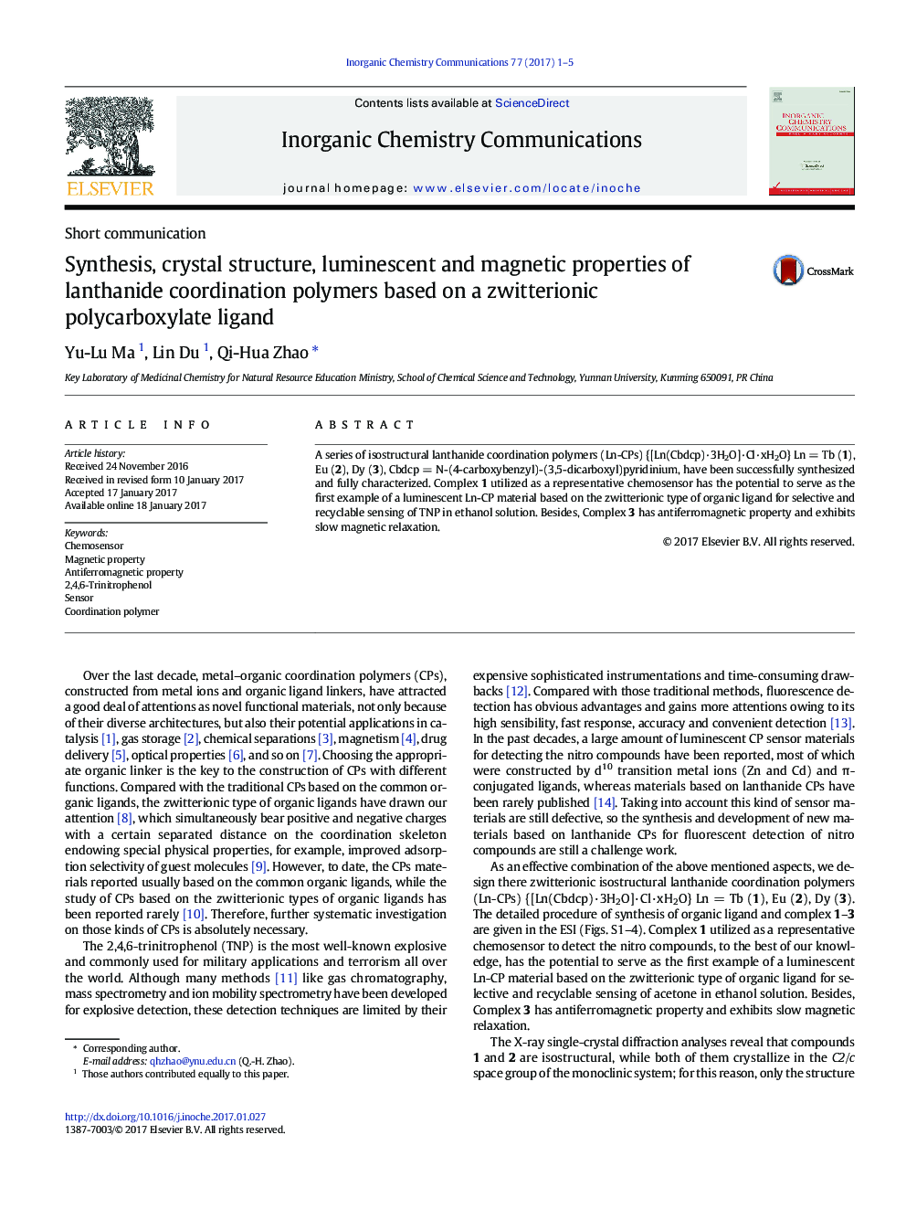 Synthesis, crystal structure, luminescent and magnetic properties of lanthanide coordination polymers based on a zwitterionic polycarboxylate ligand