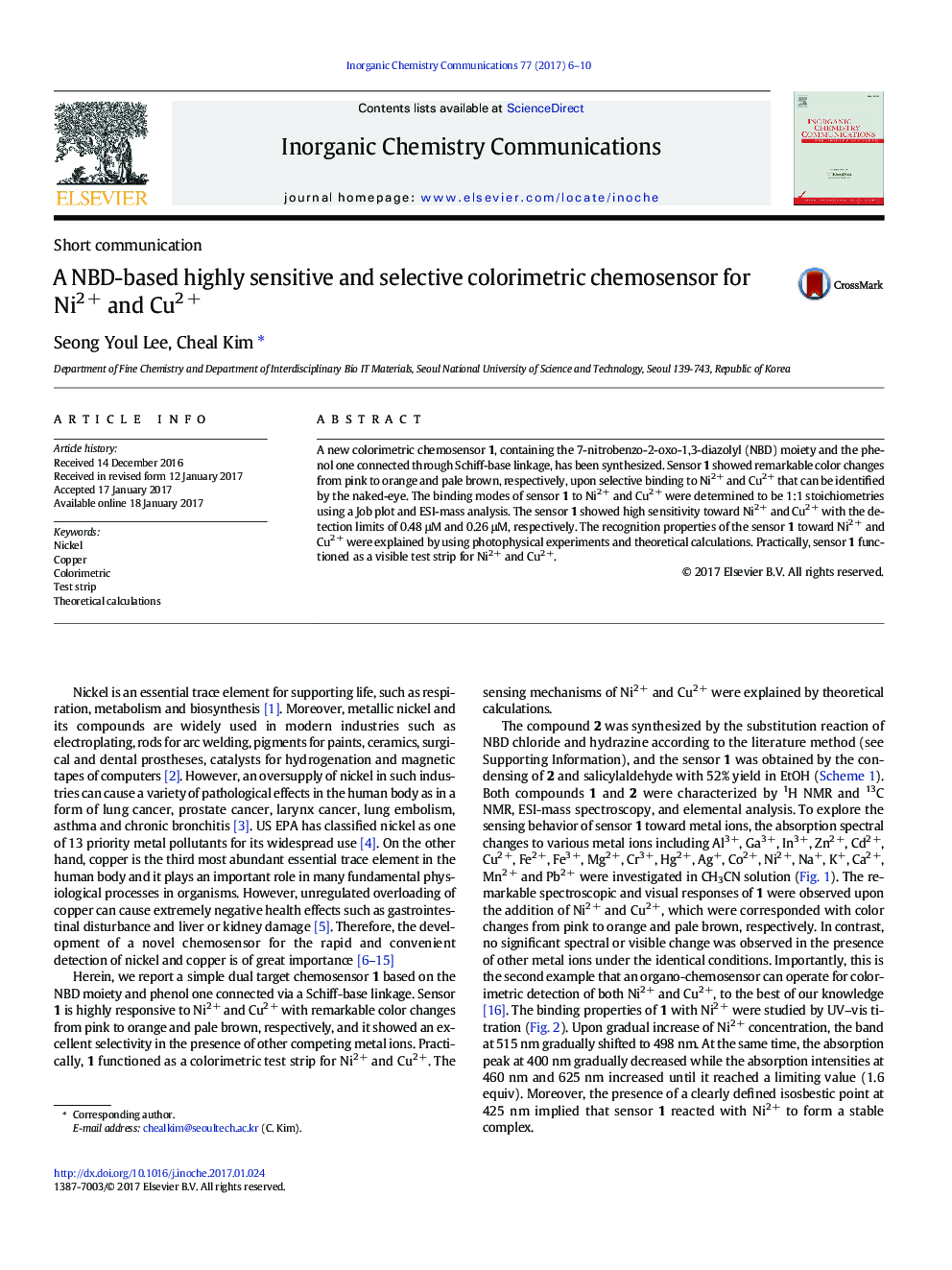 A NBD-based highly sensitive and selective colorimetric chemosensor for Ni2Â + and Cu2Â +