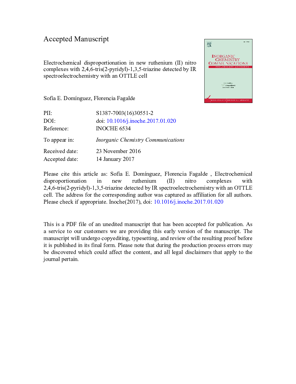 Electrochemical disproportionation in new ruthenium (II) nitro complexes with 2,4,6-tris(2-pyridyl)-1,3,5-triazine detected by IR spectroelectrochemistry with an OTTLE cell