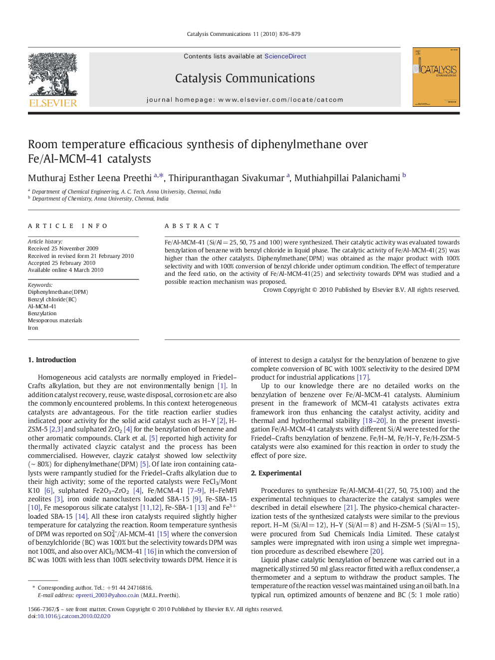 Room temperature efficacious synthesis of diphenylmethane over Fe/Al-MCM-41 catalysts
