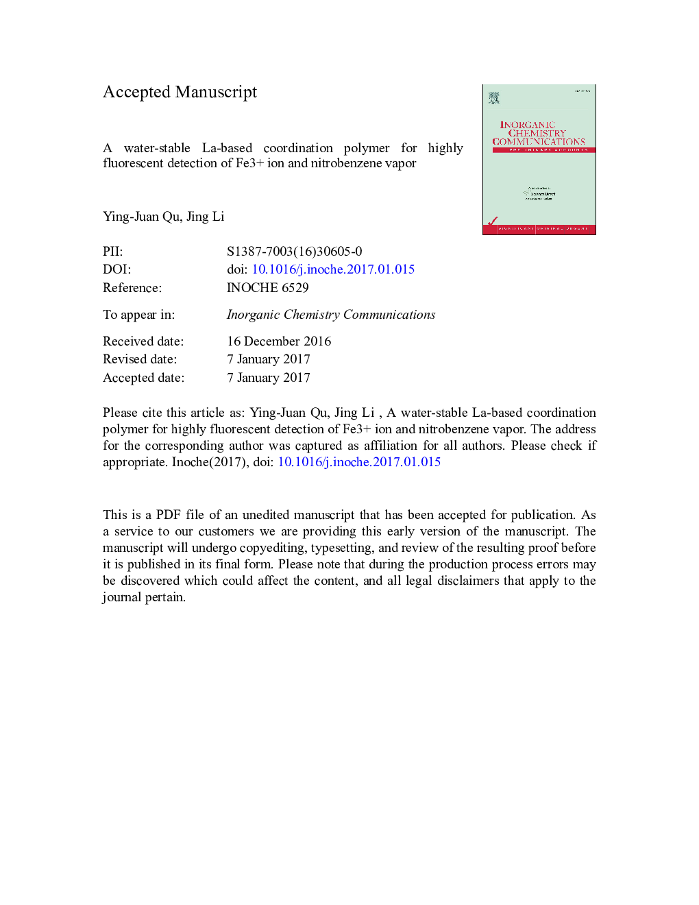 A water-stable La-based coordination polymer for highly fluorescent detection of Fe3Â + ion and nitrobenzene vapor