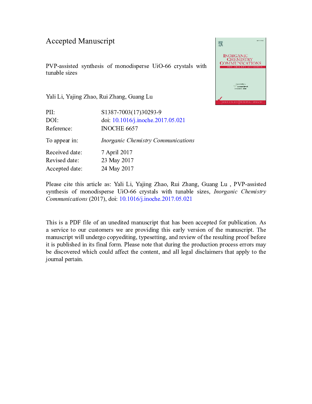 PVP-assisted synthesis of monodisperse UiO-66 crystals with tunable sizes