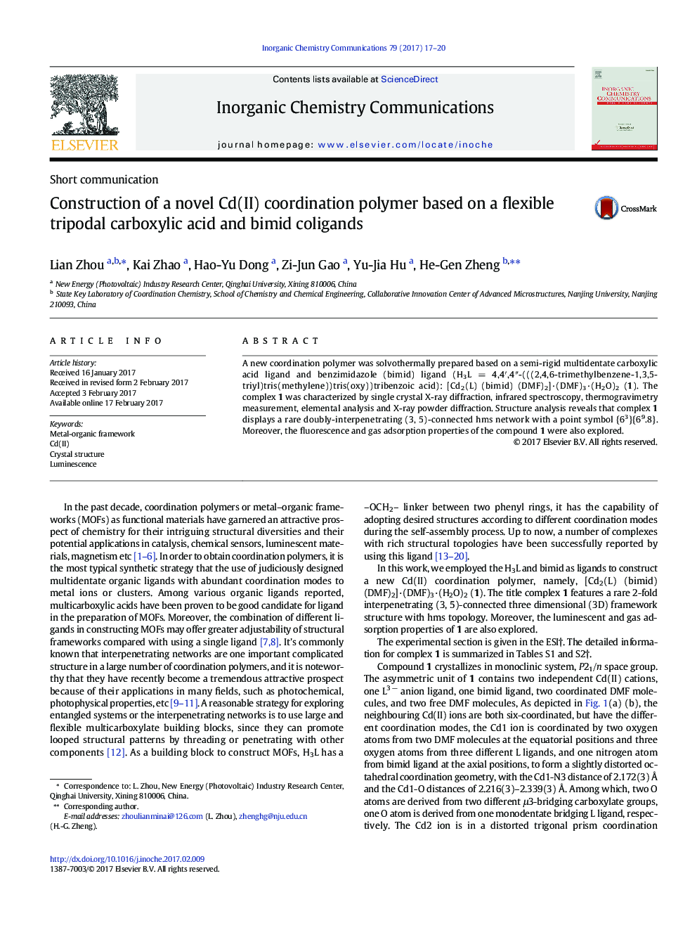 Construction of a novel Cd(II) coordination polymer based on a flexible tripodal carboxylic acid and bimid coligands