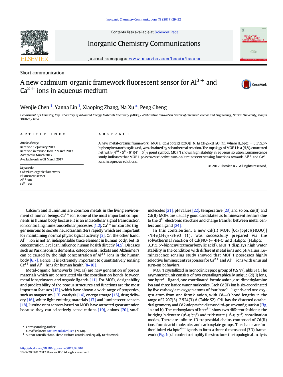 A new cadmium-organic framework fluorescent sensor for Al3Â + and Ca2Â + ions in aqueous medium