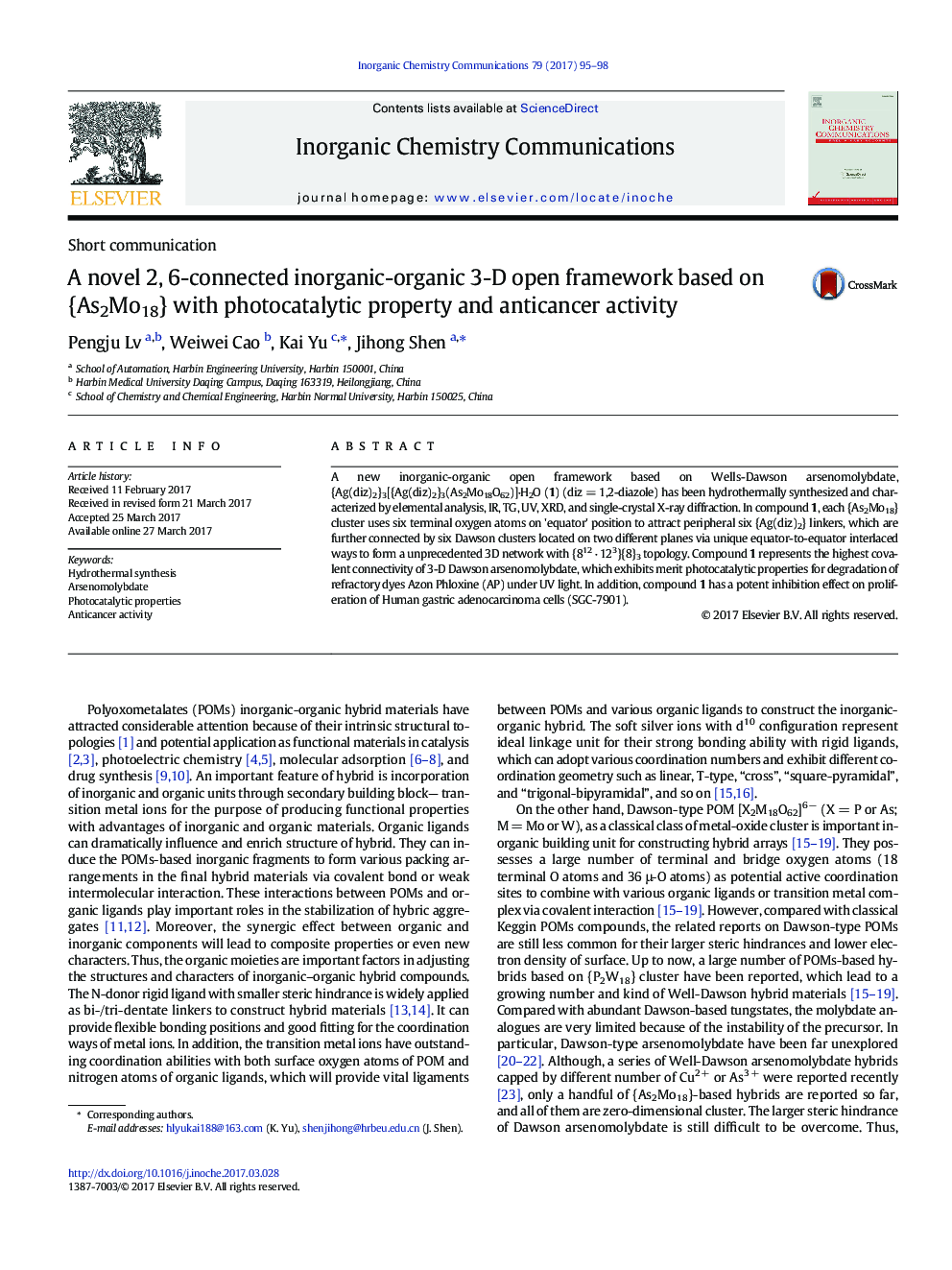 A novel 2, 6-connected inorganic-organic 3-D open framework based on {As2Mo18} with photocatalytic property and anticancer activity