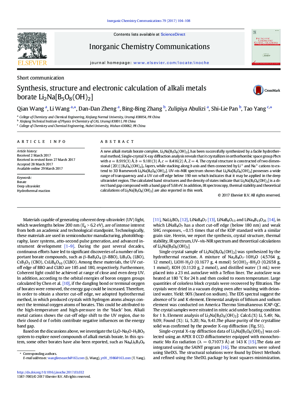 Synthesis, structure and electronic calculation of alkali metals borate Li2Na[B5O8(OH)2]