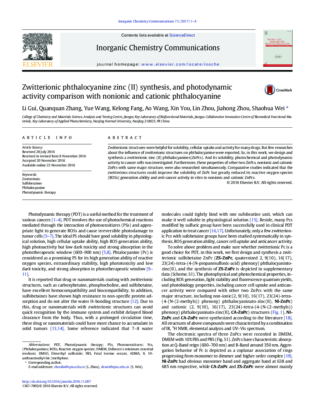 Zwitterionic phthalocyanine zinc (II) synthesis, and photodynamic activity comparison with nonionic and cationic phthalocyanine