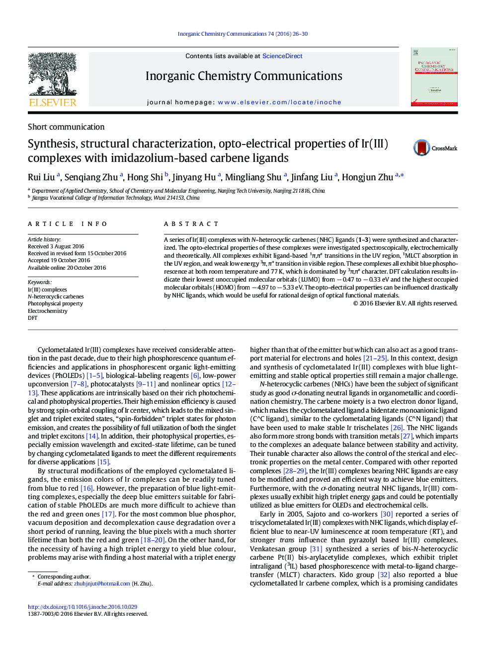 Synthesis, structural characterization, opto-electrical properties of Ir(III) complexes with imidazolium-based carbene ligands