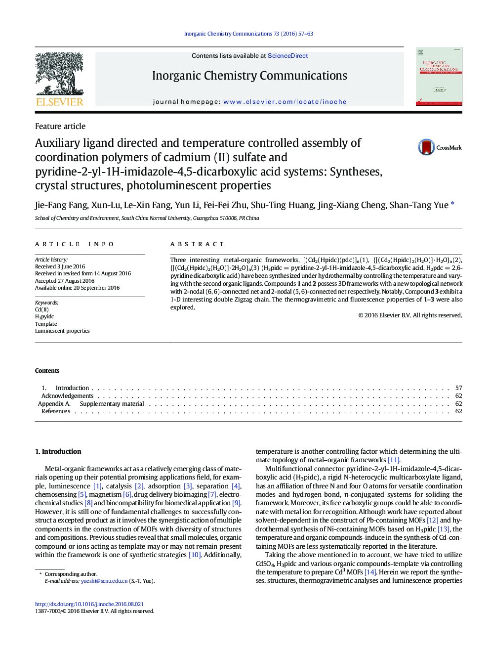 Auxiliary ligand directed and temperature controlled assembly of coordination polymers of cadmium (II) sulfate and pyridine-2-yl-1H-imidazole-4,5-dicarboxylic acid systems: Syntheses, crystal structures, photoluminescent properties