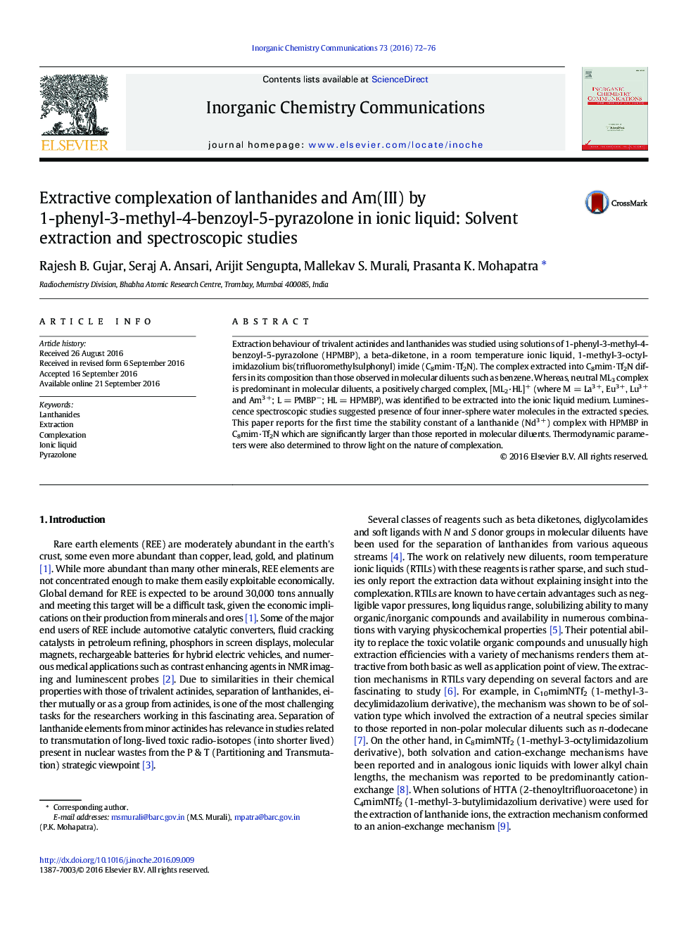 Extractive complexation of lanthanides and Am(III) by 1-phenyl-3-methyl-4-benzoyl-5-pyrazolone in ionic liquid: Solvent extraction and spectroscopic studies