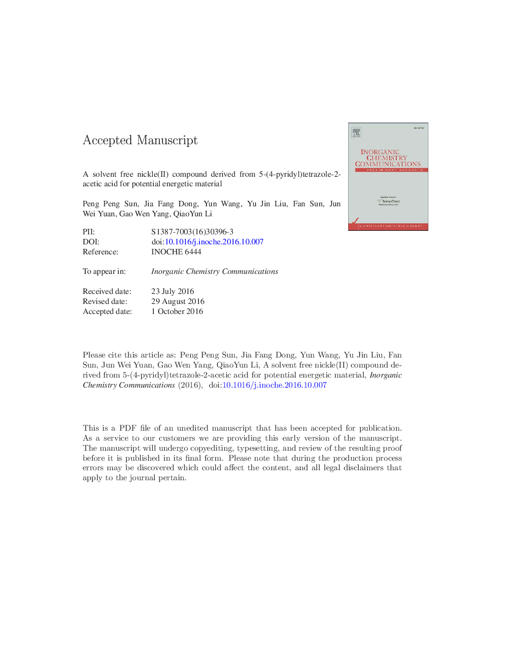 A solvent free nickle(II) compound derived from 5-(4-pyridyl)tetrazole-2-acetic acid for potential energetic material