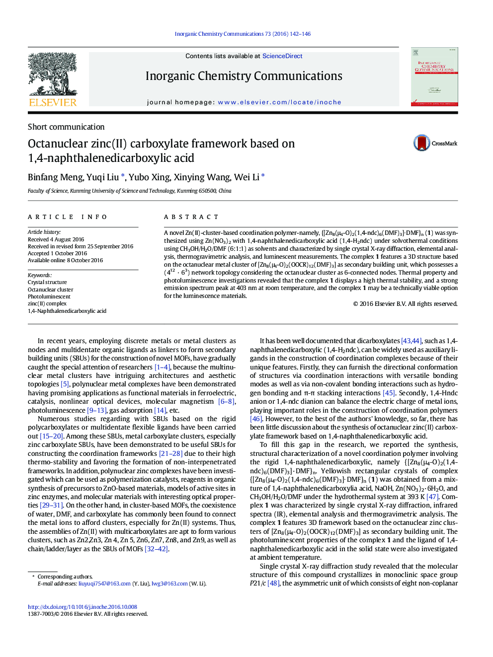 Octanuclear zinc(II) carboxylate framework based on 1,4-naphthalenedicarboxylic acid