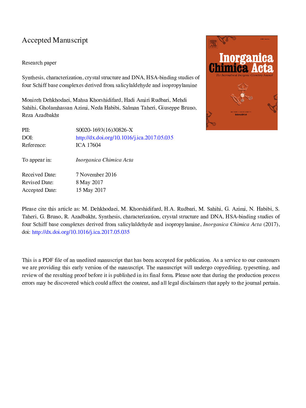 Synthesis, characterization, crystal structure and DNA, HSA-binding studies of four Schiff base complexes derived from salicylaldehyde and isopropylamine