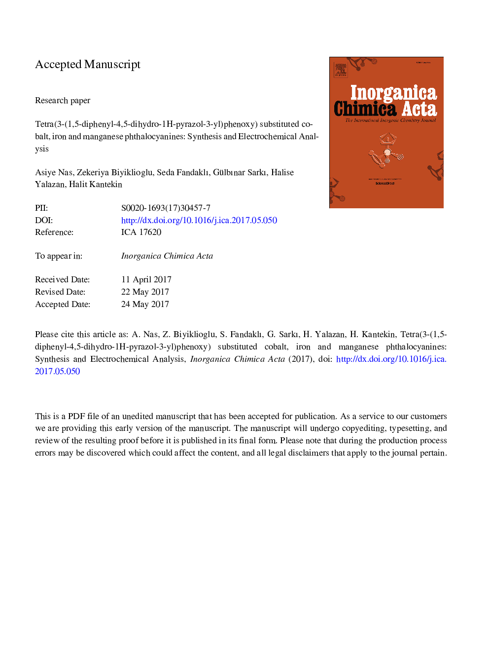 Tetra(3-(1,5-diphenyl-4,5-dihydro-1H-pyrazol-3-yl)phenoxy) substituted cobalt, iron and manganese phthalocyanines: Synthesis and electrochemical analysis