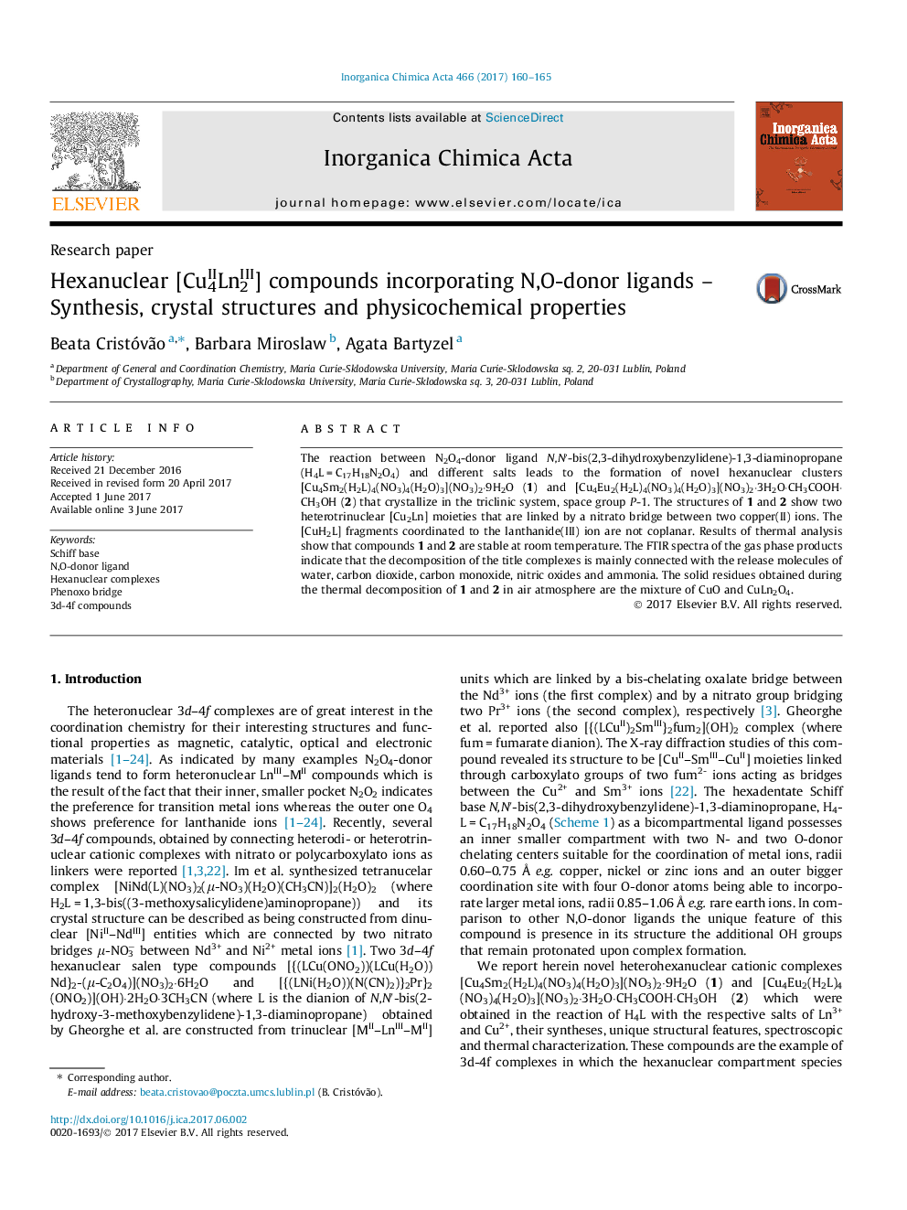 Hexanuclear [Cu4IILn2III] compounds incorporating N,O-donor ligands - Synthesis, crystal structures and physicochemical properties