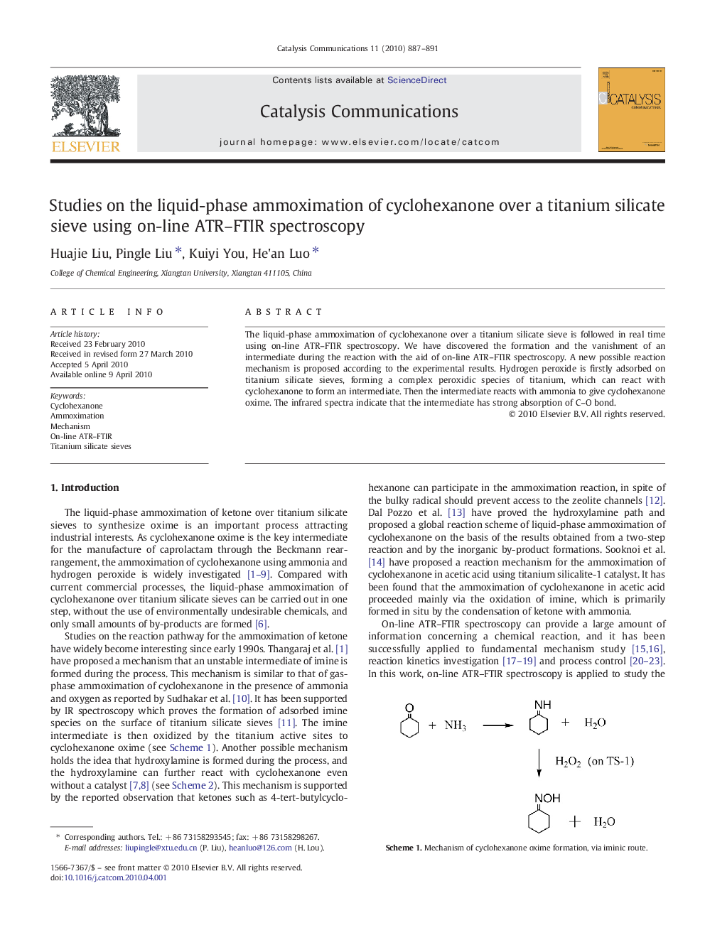 Studies on the liquid-phase ammoximation of cyclohexanone over a titanium silicate sieve using on-line ATR–FTIR spectroscopy