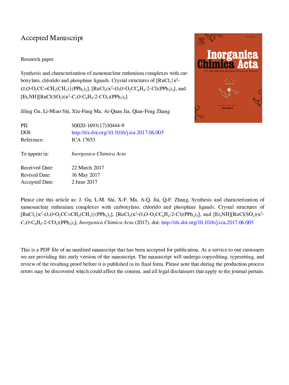 Synthesis and characterization of mononuclear ruthenium complexes with carboxylato, chlorido and phosphine ligands. Crystal structures of [RuCl2{Îº2-O,O-O2CCCH2(CH3)}(PPh3)2], [RuCl2(Îº2-O,O-O2CC6H4-2-Cl)(PPh3)2], and [Et3NH][RuCl(SO2)(Îº2-C,O-C6H4-2-CO2)