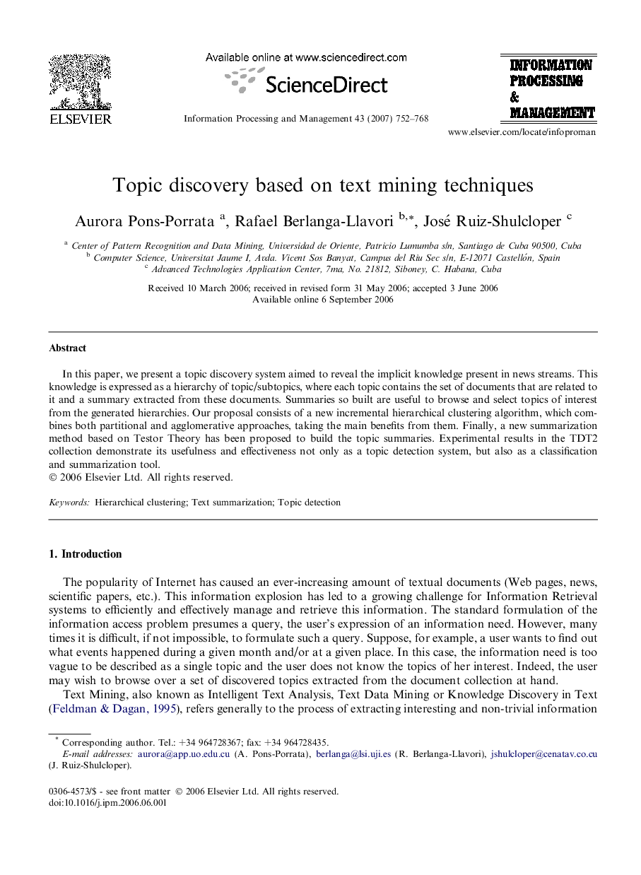 Topic discovery based on text mining techniques