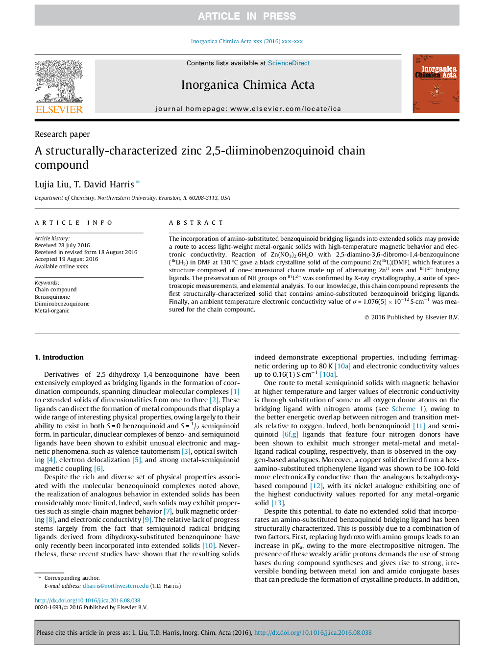 A structurally-characterized zinc 2,5-diiminobenzoquinoid chain compound