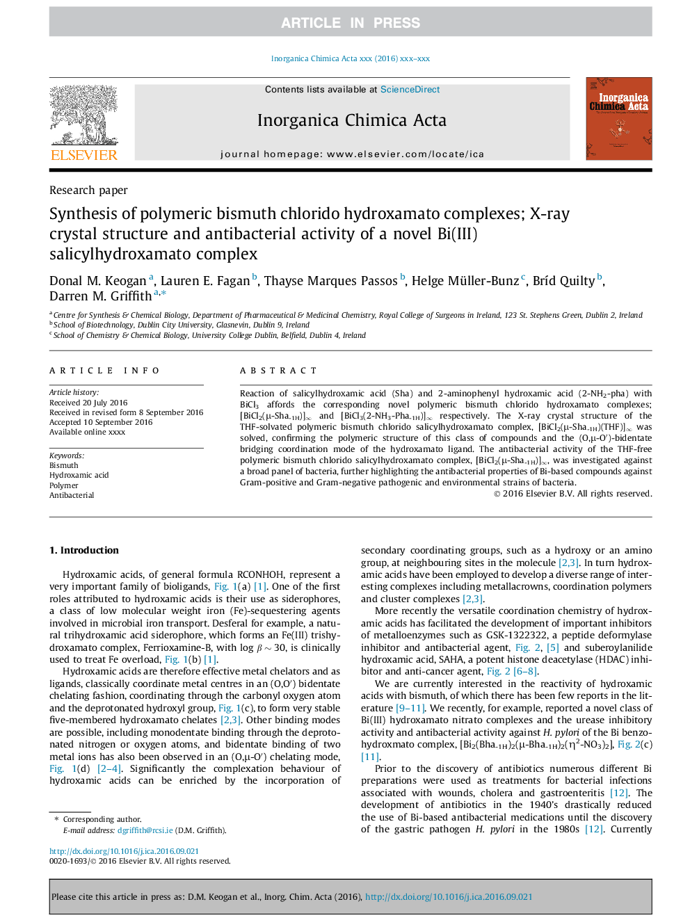 Synthesis of polymeric bismuth chlorido hydroxamato complexes; X-ray crystal structure and antibacterial activity of a novel Bi(III) salicylhydroxamato complex