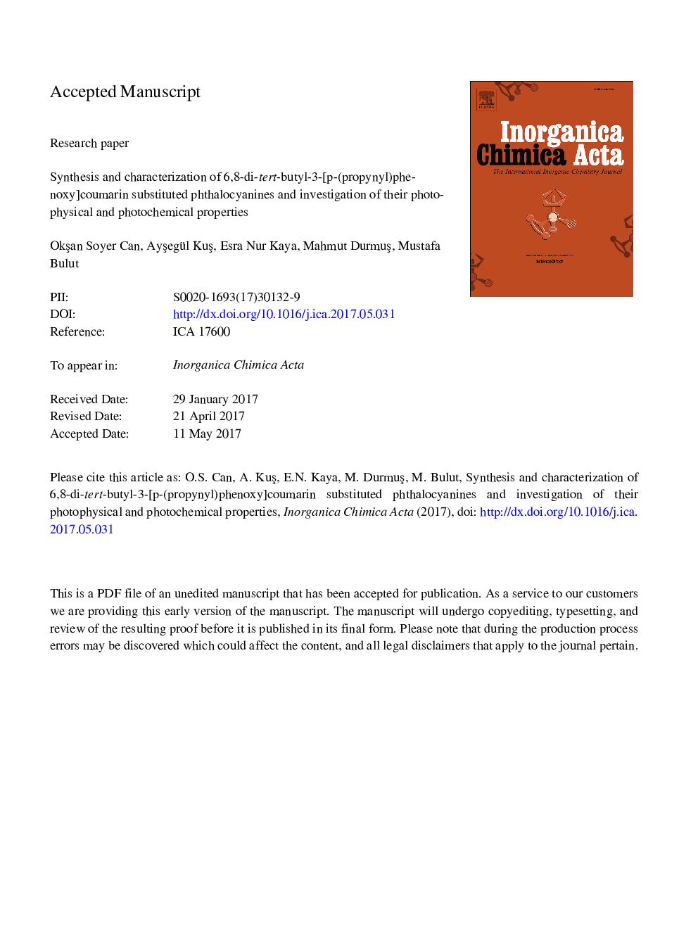 Synthesis and characterization of 6,8-di-tert-butyl-3-[p-(propynyl)phenoxy]coumarin substituted phthalocyanines and investigation of their photophysical and photochemical properties