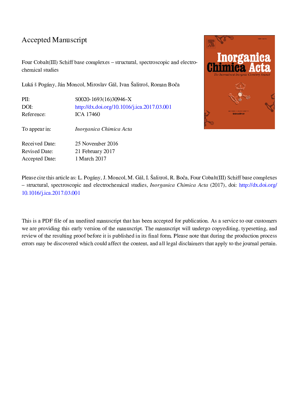 Four cobalt(III) Schiff base complexes - Structural, spectroscopic and electrochemical studies