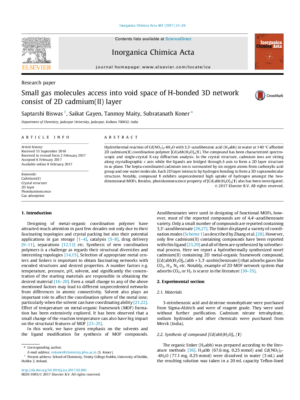 Small gas molecules access into void space of H-bonded 3D network consist of 2D cadmium(II) layer