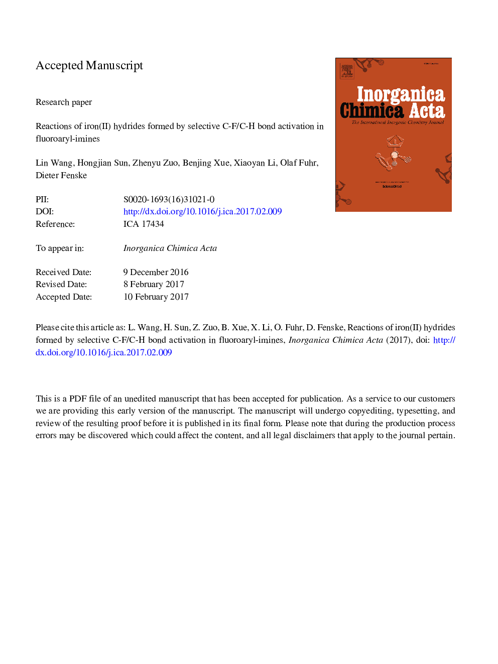 عکس صفحه اول مقاله: Reactions of iron(II) hydrides formed by selective CF/CH bond activation in fluoroaryl-imines Reactions of iron(II) hydrides formed by selective CF/CH bond activation in fluoroaryl-imines