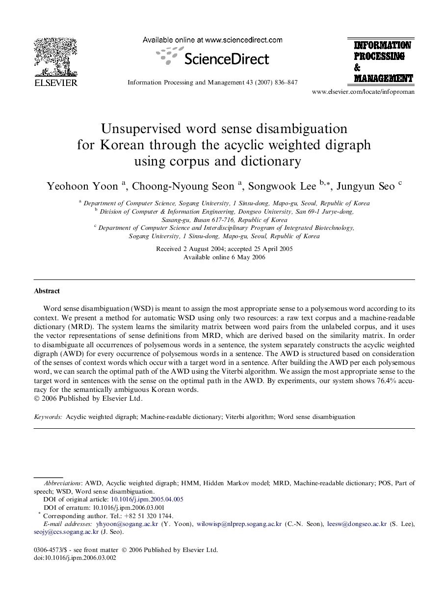 Unsupervised word sense disambiguation for Korean through the acyclic weighted digraph using corpus and dictionary 