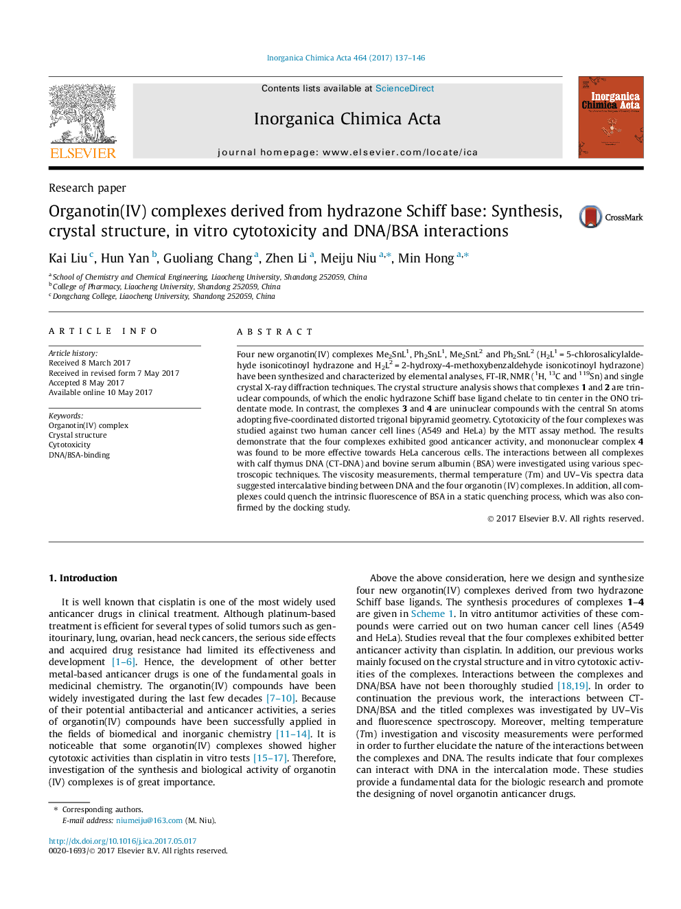 Organotin(IV) complexes derived from hydrazone Schiff base: Synthesis, crystal structure, in vitro cytotoxicity and DNA/BSA interactions