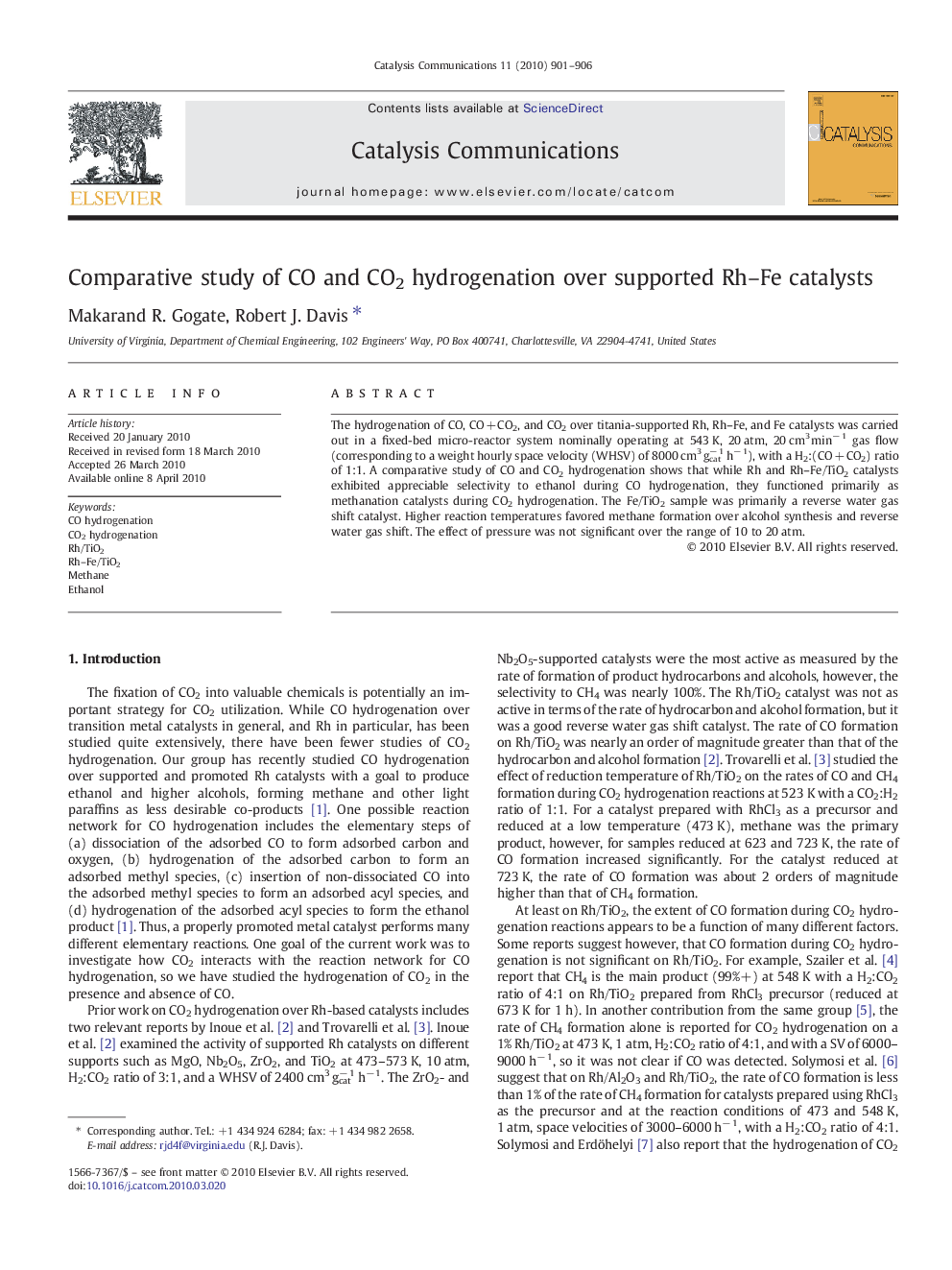 Comparative study of CO and CO2 hydrogenation over supported Rh–Fe catalysts