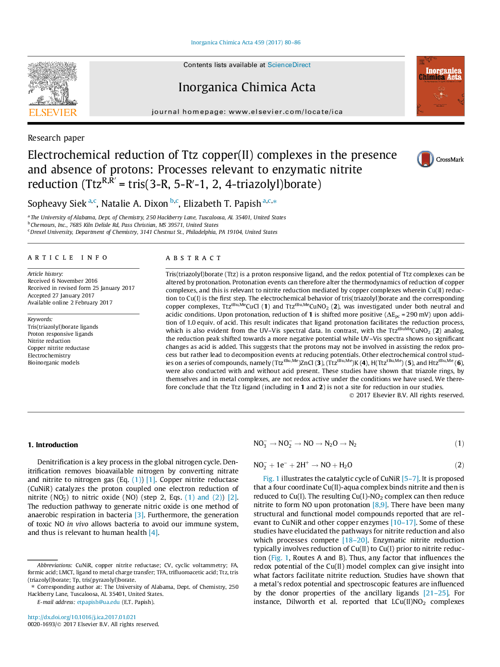 عکس صفحه اول مقاله: Electrochemical reduction of Ttz copper(II) complexes in the presence and absence of protons: Processes relevant to enzymatic nitrite reduction (TtzR,Râ²Â = tris(3-R, 5-Râ²-1, 2, 4-triazolyl)borate) Electrochemical reduction of Ttz copper(II) complexes in the presence and absence of protons: Processes relevant to enzymatic nitrite reduction (TtzR,Râ²Â = tris(3-R, 5-Râ²-1, 2, 4-triazolyl)borate)