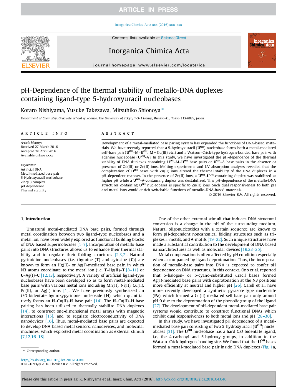 pH-Dependence of the thermal stability of metallo-DNA duplexes containing ligand-type 5-hydroxyuracil nucleobases