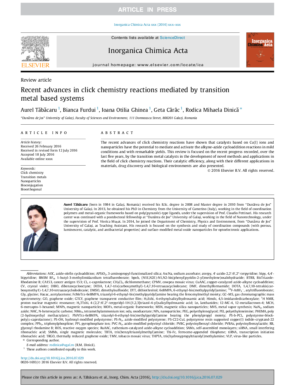 عکس صفحه اول مقاله: Recent advances in click chemistry reactions mediated by transition metal based systems Recent advances in click chemistry reactions mediated by transition metal based systems