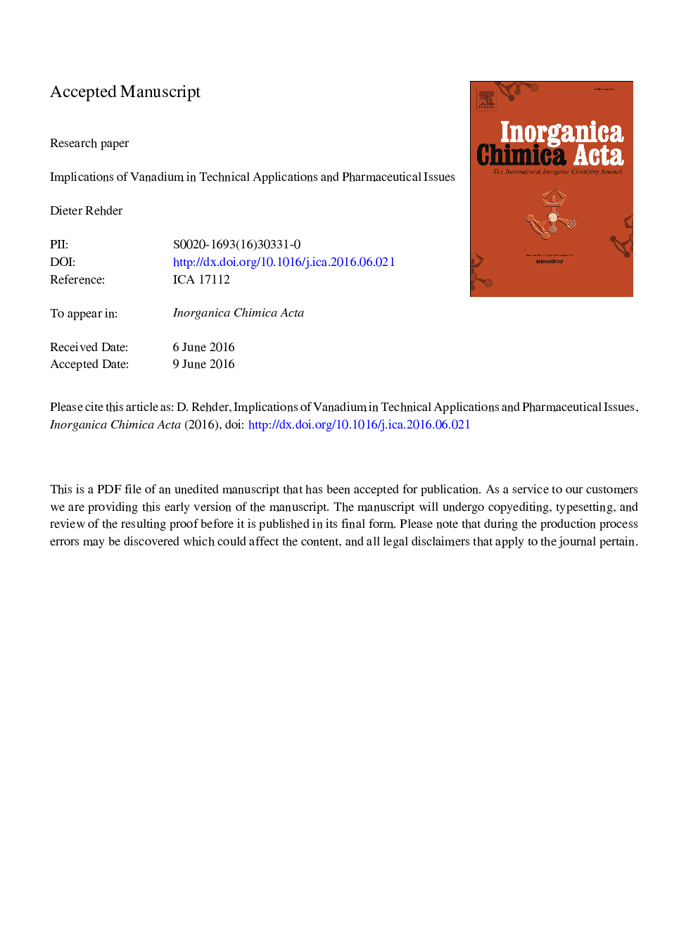 عکس صفحه اول مقاله: Implications of vanadium in technical applications and pharmaceutical issues Implications of vanadium in technical applications and pharmaceutical issues