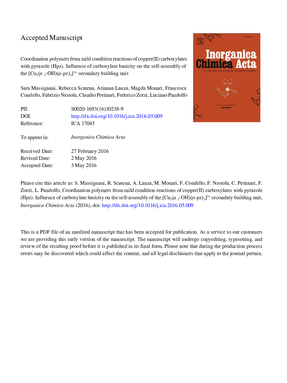 Coordination polymers from mild condition reactions of copper(II) carboxylates with pyrazole (Hpz). Influence of carboxylate basicity on the self-assembly of the [Cu3(Î¼3-OH)(Î¼-pz)3]2+ secondary building unit