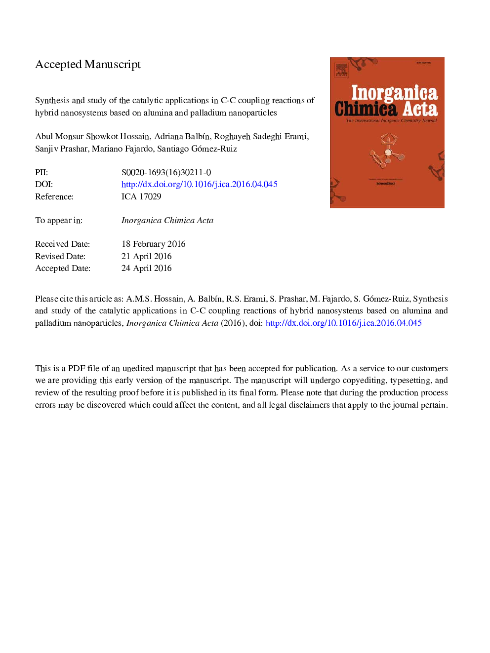 عکس صفحه اول مقاله: Synthesis and study of the catalytic applications in C-C coupling reactions of hybrid nanosystems based on alumina and palladium nanoparticles Synthesis and study of the catalytic applications in C-C coupling reactions of hybrid nanosystems based on alumina and palladium nanoparticles