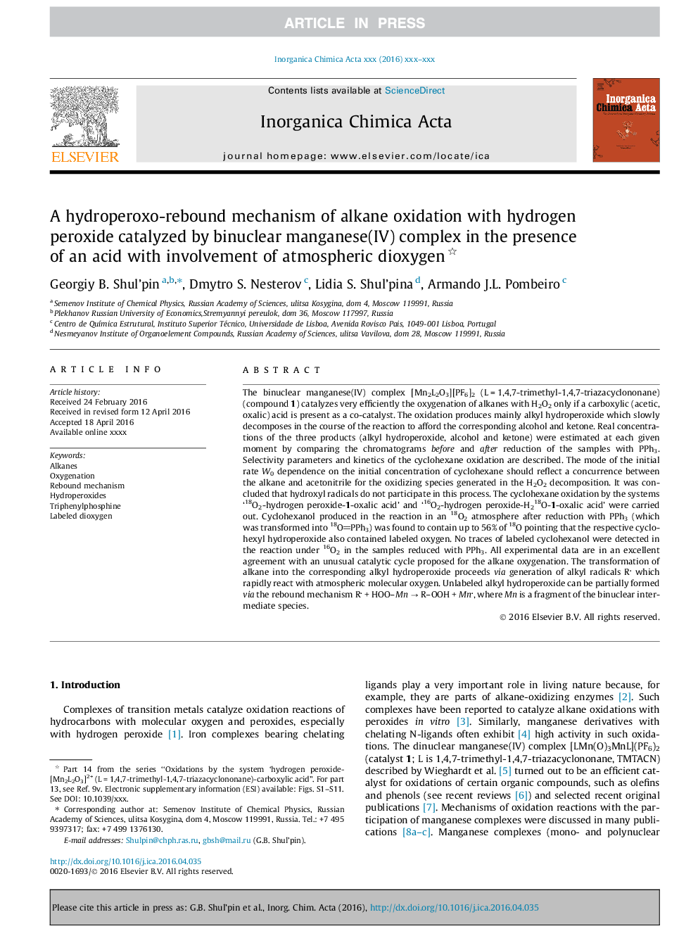 A hydroperoxo-rebound mechanism of alkane oxidation with hydrogen peroxide catalyzed by binuclear manganese(IV) complex in the presence of an acid with involvement of atmospheric dioxygen