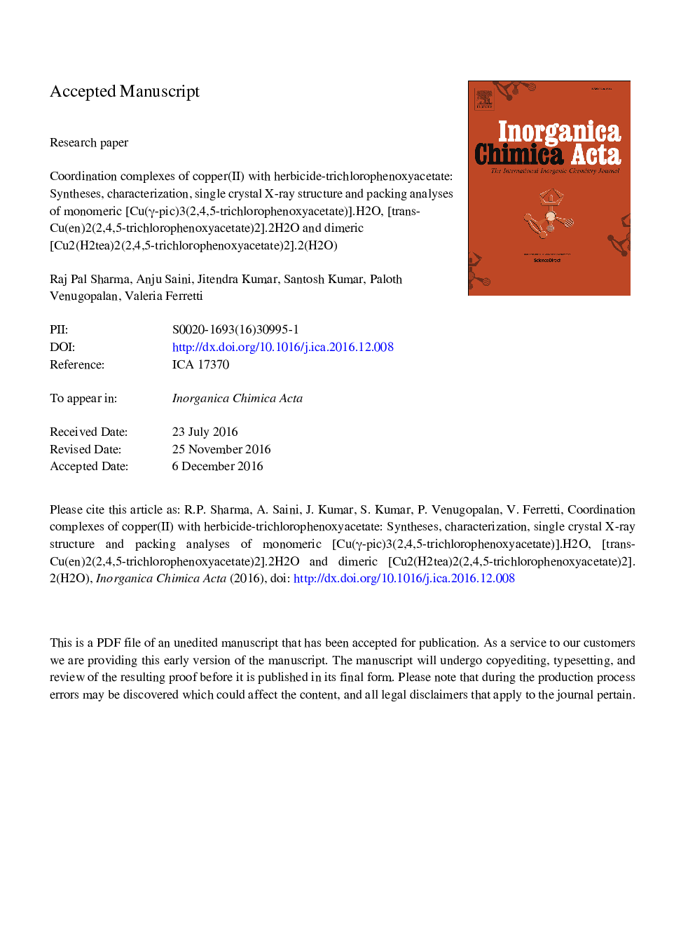 Coordination complexes of copper(II) with herbicide-trichlorophenoxyacetate: Syntheses, characterization, single crystal X-ray structure and packing analyses of monomeric [Cu(Î³-pic)3(2,4,5-trichlorophenoxyacetate)]Â·H2O, [trans-Cu(en)2(2,4,5-trichlorophe