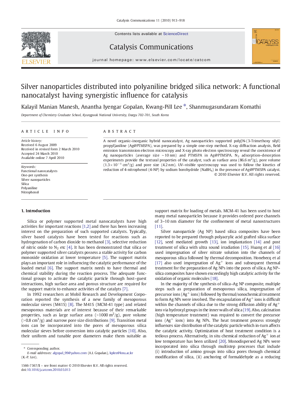 Silver nanoparticles distributed into polyaniline bridged silica network: A functional nanocatalyst having synergistic influence for catalysis