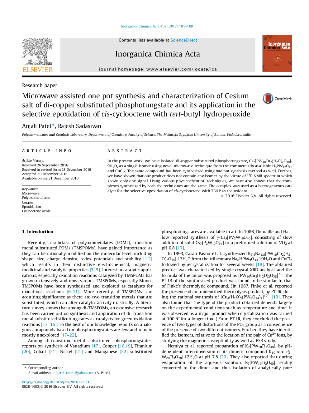 Microwave assisted one pot synthesis and characterization of Cesium salt of di-copper substituted phosphotungstate and its application in the selective epoxidation of cis-cyclooctene with tert-butyl hydroperoxide